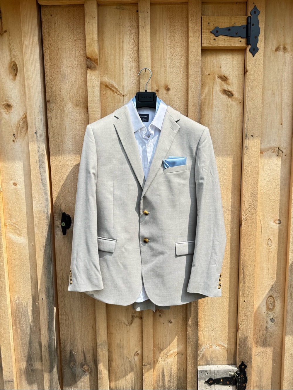 Light Beige Men's Sport Coat with Blue Pocket Square